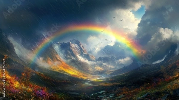 Fototapeta A highland landscape under a double rainbow, colors intensely vibrant against a dark, stormy sky, hopeful and dramatic