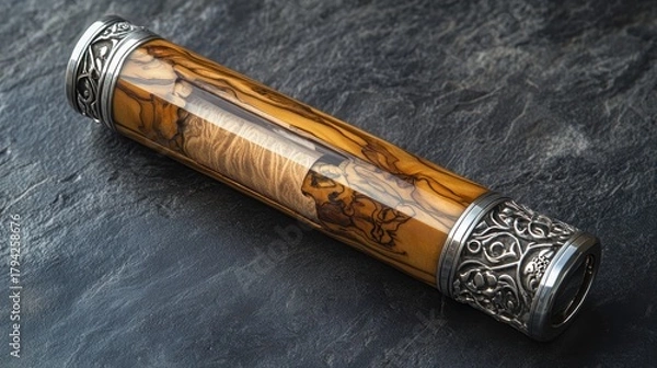 Fototapeta Mezuzah case, intricately designed from oxidized silver and ancient olive wood, containing a miniature scroll that emits a soft, protective aura