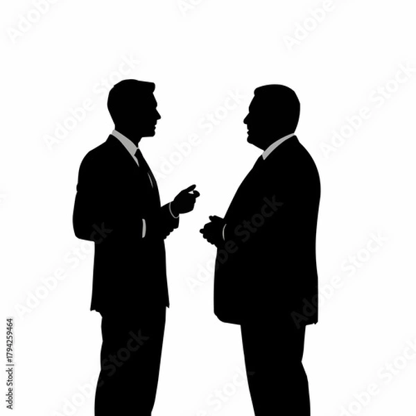 Fototapeta Two businessmen in silhouette discussing ideas in a professional setting.