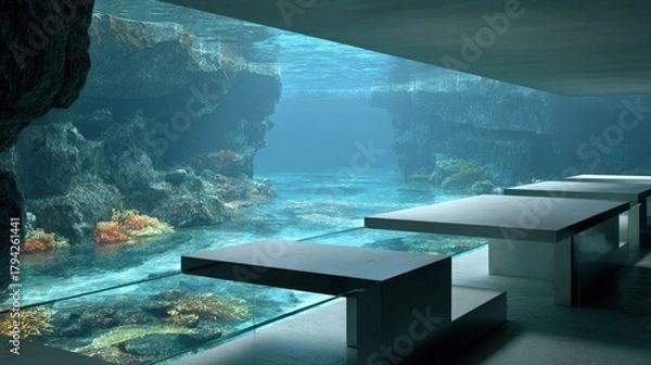 Fototapeta Digital Underwater Restaurant With Concrete Tables