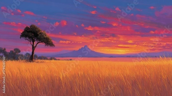 Obraz Golden Savanna Sunset With Mountain View