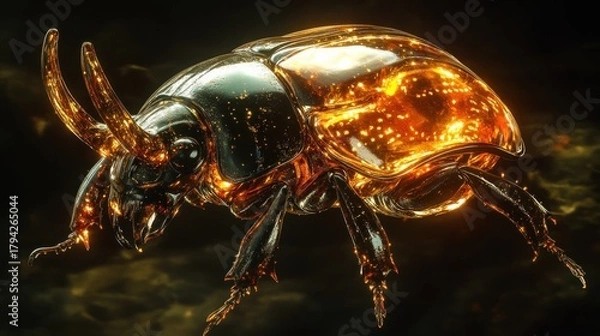 Fototapeta Rhinoceros Beetle, its horn like a polished piece of dark amber, carapace like tortoiseshell, surreal resinous gem texture, warm, glowing light from within amber