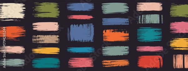 Fototapeta Assortment of Colorful Grungy Brush Stroke Rectangles on Dark Background brush strokes paint