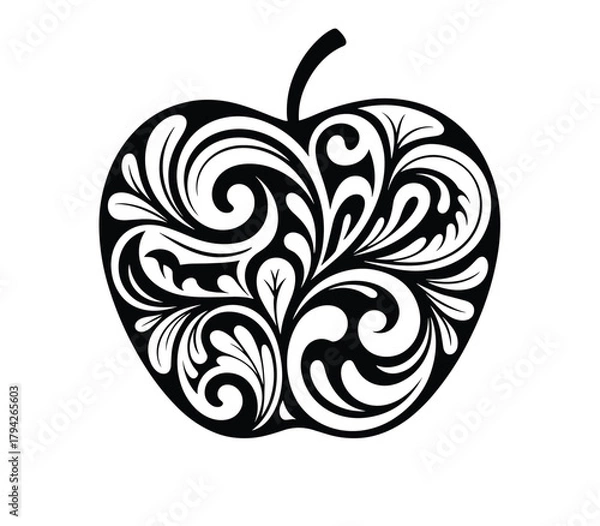 Fototapeta Black Silhouette of an Apple Filled with Intricate Swirling Decorative Patterns Keywords: apple, fruit, food, silhouette, black, white, design
