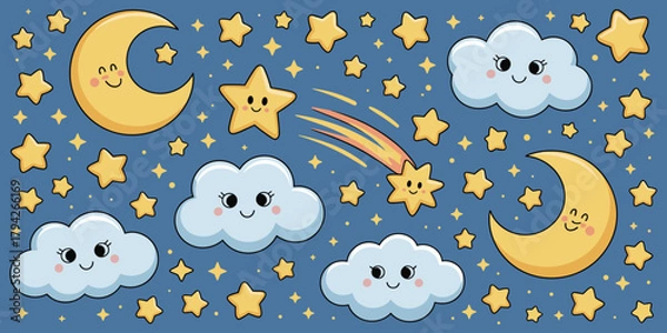 Fototapeta Cute Cartoon Moon Stars and Clouds on a Blue Night Sky Background Keywords: night, sky, moon, stars, clouds, cute, cartoon, celestial, twinkle