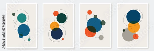 Fototapeta Four Abstract Geometric Circle Compositions With Organic Lines In Earthy Tones background blue