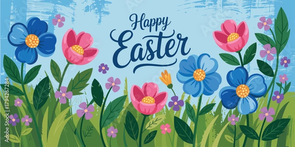 Fototapeta Happy Easter greeting with colorful flowers and green grass on a blue background spring
