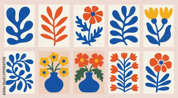 Fototapeta Matisse-inspired abstract floral and leaf cutouts in bold colors on a cream background vector illustration