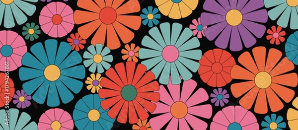 Fototapeta Retro psychedelic floral pattern with vibrant multi-colored daisy-like flowers on black Keywords: floral, pattern, retro, psychedelic, 1960s, 1970s