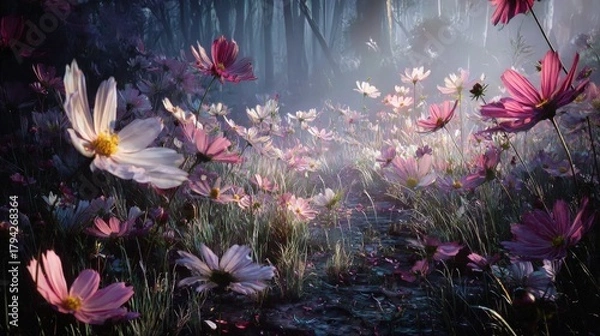 Fototapeta Magical Pink Cosmos Field In Forest