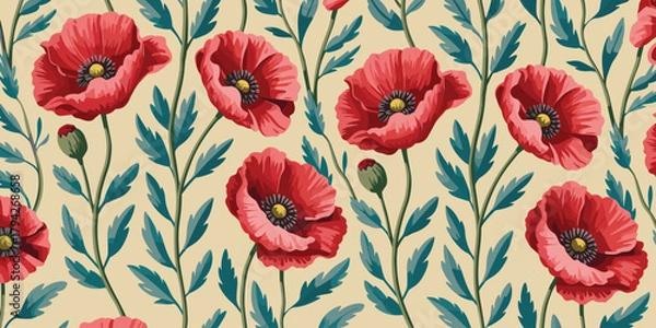 Fototapeta Seamless Pattern of Red Poppies and Green Leaves on a Cream Background poppy flower