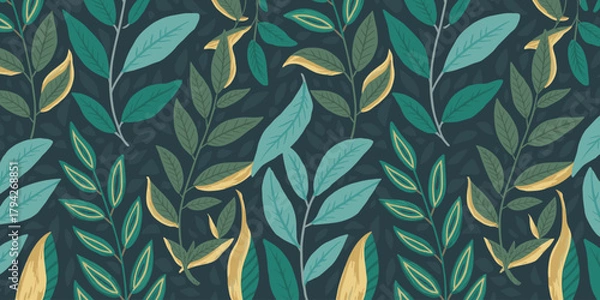 Fototapeta Seamless Pattern of Teal Green and Yellow Leaves on Dark Teal Background foliage botanical