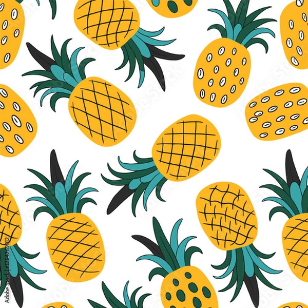 Fototapeta Seamless Pattern Of Yellow Pineapples With Green And Teal Leaves On White Background fruit tropical