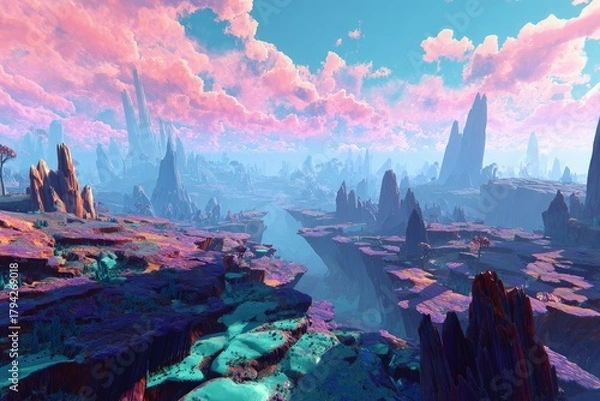 Fototapeta Pixelated Alien Valley Landscape With Pink Clouds