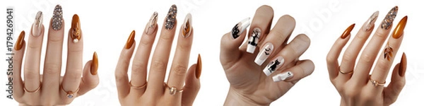 Fototapeta Set for Four Hands Showcasing Various Creative Nail Art Designs isolated on transparent background