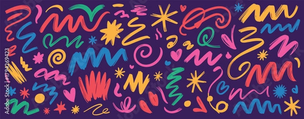 Fototapeta Vibrant Assortment of Hand- Drawn Scribbles Stars Hearts and Swirls on Purple Background Keywords: scribbles, doodles, hand-drawn, abstract