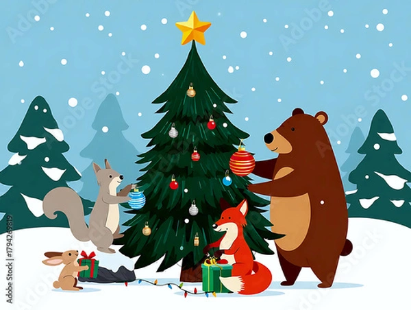 Fototapeta Cute forest animals celebrate Christmas with gifts, tea and decorations near a festive tree in snowy woods.
