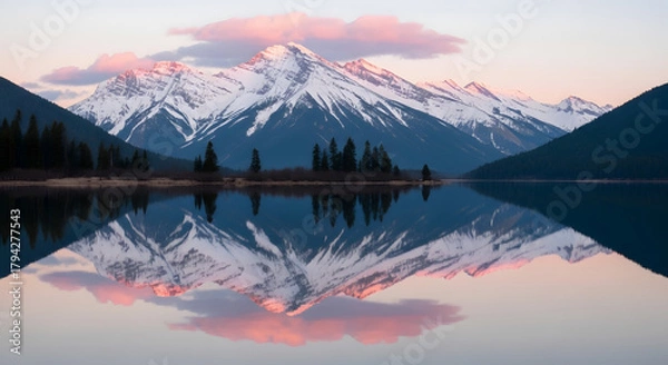Obraz Cool wallpaper Snow-capped mountain range reflected in a calm lake at sunset scenic landscape perfect for travel and nature photography