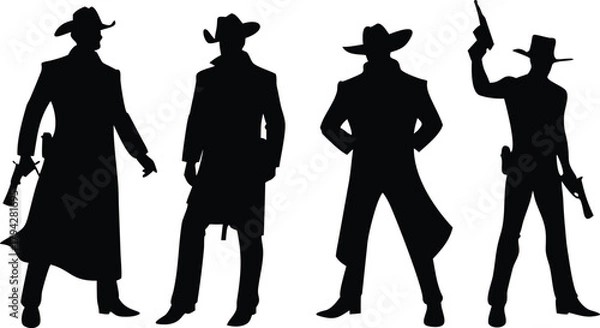 Fototapeta Silhouetted cowboys standing in various poses with guns on transparent background