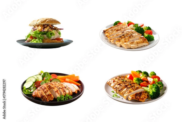 Fototapeta Delicious grilled chicken breast served with fresh salad and vegetables on plates showcasing healthy eating options and culinary presentation for restaurant menus and food photography projects on tran