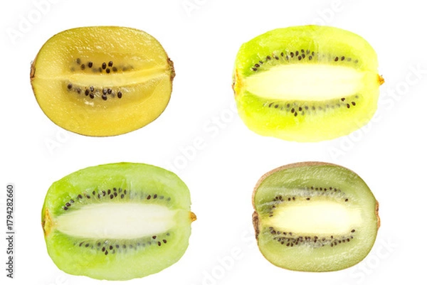 Fototapeta Sliced kiwi fruits showcasing vibrant yellow and green flesh with tiny black seeds against a ideal for healthy eating and tropical fruit concepts on transparent background