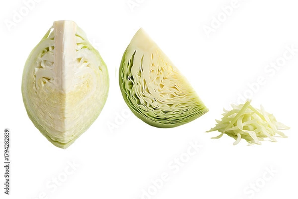 Fototapeta Fresh green cabbage cut into different portions including half a head a wedge and shredded pieces displayed against a stark perfect for culinary or nutritional content creation on transparent backgrou