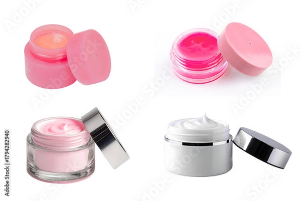Fototapeta Assortment of cosmetic creams and lip balms in various colors and containers showcasing beauty products for skincare and personal care routines on a clean on transparent background