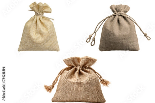 Fototapeta Three burlap sacks in varying shades of brown and beige are against a showcasing rustic textures and potential for storage or decorative packaging uses on transparent background