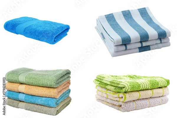 Fototapeta Colorful towels folded and stacked neatly for bathroom decor and household use featuring blue green and striped patterns perfect for spa home and bath linen collections on transparent background