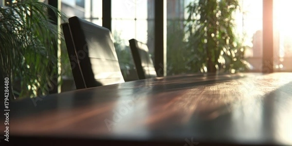 Obraz The conference table bathed in warm sunlight by large windows with empty chairs