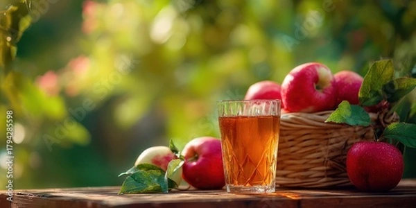 Obraz The Apple and Glass of Juice on a Rustic Wooden Table in Sunlit Orchard