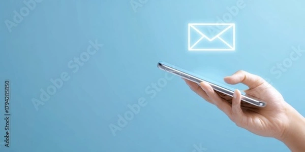 Obraz The Smartphone with Floating Email Icon Over Hand Represents Digital Messaging Concept