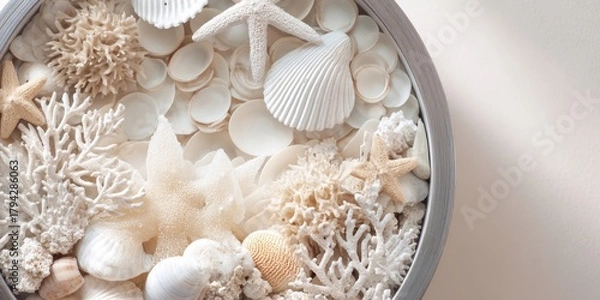 Obraz The Seashells and Coral Decorative Tray Arranged on a Neutral Surface for Coastal Style