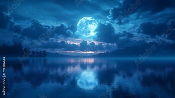 Fototapeta Moonlit lake landscape view color