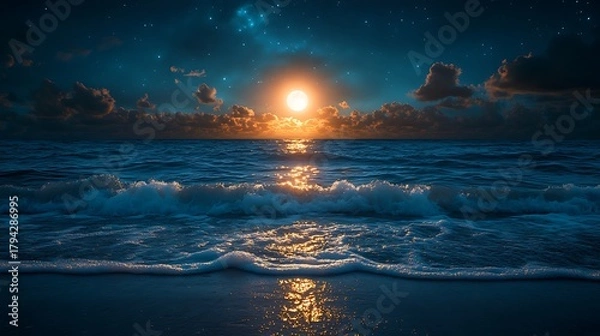 Obraz Sunrise over calm ocean waves on beach