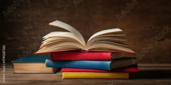 Obraz The Book Open on Colorful Stacked Hardcovers Against a Rustic Wooden Background
