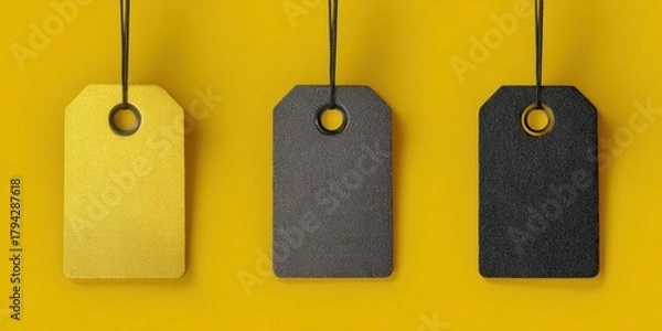 Obraz The Hanging Price Tags on Yellow Background for Minimal Retail Branding and Mockup