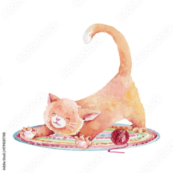 Fototapeta Ginger cat stretches on a multicolored round rug with ball of yarn. Hand painted watercolor illustration isolated on white. Cute cartoon kitten animal for children's designs, games, educational cards