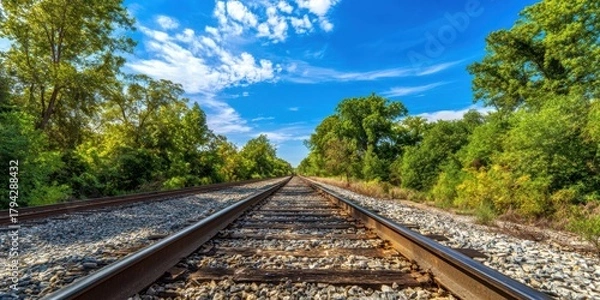 Obraz The Railroad Tracks Leading Through Lush Green Forest Under A Bright Blue Sky