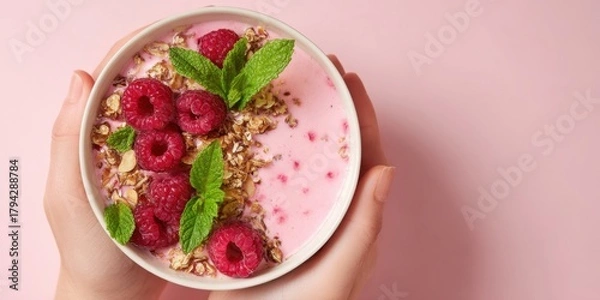 Obraz The Raspberry Yogurt Bowl with Granola and Fresh Mint in Hands