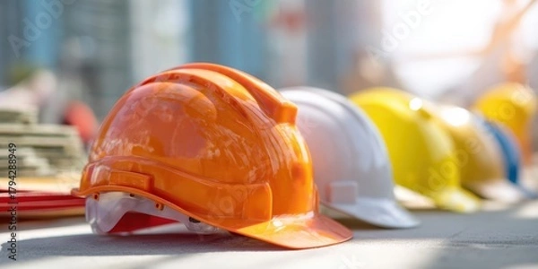 Obraz The Hard Hat Lineup on a Construction Site Bench with Blurred Background