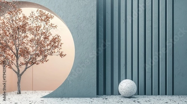 Fototapeta Abstract Modern Architectural Space with Textured Walls, Organic Tree, and Minimalist Sphere on Terrazzo Floor in Earthy Tones