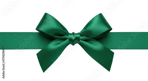 Fototapeta Rich emerald green satin ribbon, meticulously tied into an elegant bow, subtle sheen, finely stitched edges, on a bright white background with copy space, Concept of luxurious gift-giving and