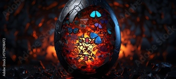 Fototapeta a broken egg with lots of spiders and butterflies coming out of it.,generative AI
