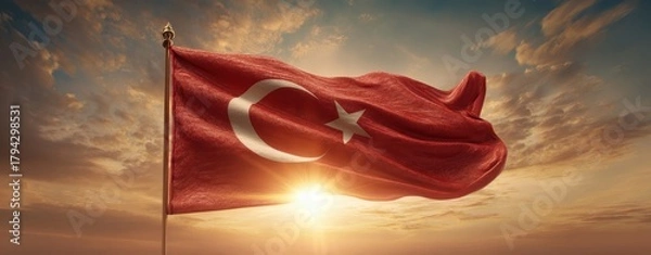 Obraz The Turkish flag waving majestically against a dramatic golden sunset over the horizon