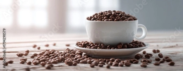 Obraz The coffee cup overflowing with roasted beans on a rustic wooden table