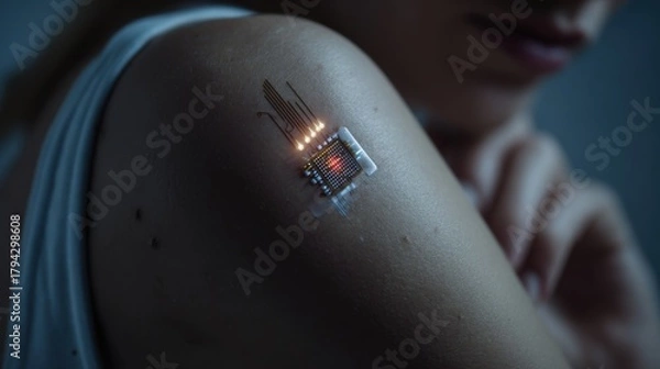 Fototapeta Close-up of advanced wearable microchip sensor attached to human skin with soft futuristic lighting ideal for medical technology innovations biotech concepts and healthcare visuals