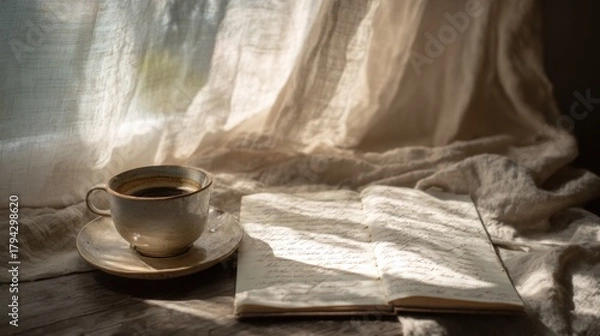 Fototapeta Cup of hot coffee beside open notebook on linen fabric in soft morning sunlight perfect for cozy home atmosphere writing inspiration and peaceful lifestyle visuals