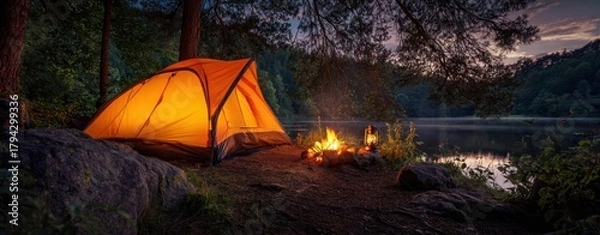 Obraz The Tent by a Lakeside Campfire Glowing at Twilight in Pine Forest