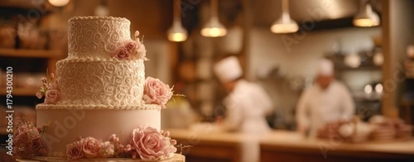 Fototapeta The Cake Three-Tiered Floral Wedding Cake Displayed in Warm Busy Bakery Kitchen